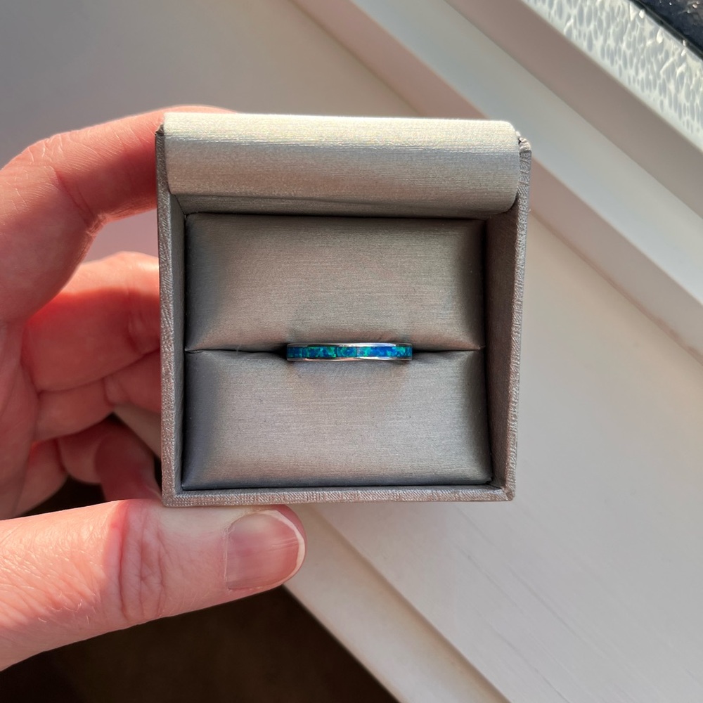 Elegant Blue Opal (probably faux)Ring stamped 925 sterling silver
